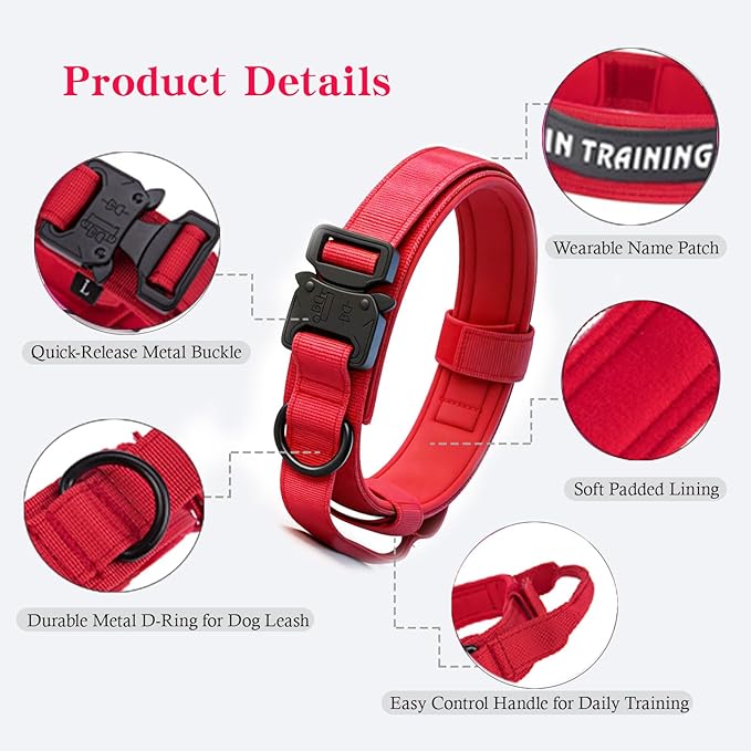 Xqpetlihai Tactical Dog Collar and Leash Set Adjustable Military Nylon Dog Collar with Control Handle and Heavy Duty Metal Buckle for Large Dogs（Red M