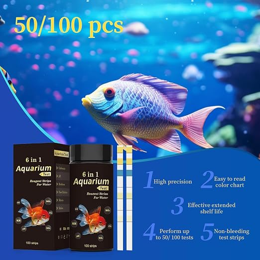 MADSUR 6 in 1 Aquarium Test Strips Fast & Accurate Water Quality Testing Strips for Freshwater Saltwater,Pond Fish Tank Test Strips for PH,Carbonate,Hardness,Residual Chlorine,Nitrate,Nitrite 50pcs