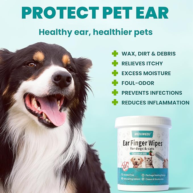 MEDUWEDU Ear Cleaner Finger Wipes 120 Counts, Dog Ear Cleaner, Grooming Kit Care for Dogs and Cats, Soft & Easy Otic Cleaning Pads, Remove Wax, Dirt & Stop Smelly, Itchy, Non-Irritating, Unscented