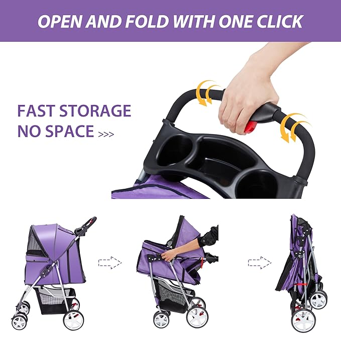 Unisakey 4 Wheels Pet Stroller for Small Medium Dogs Cats 10-33 lbs, Foldable Dog and Cat Stroller with Cup Holder & Storage Basket & Breathable Mesh, Pet Strolling Cart for All-Season, Purple
