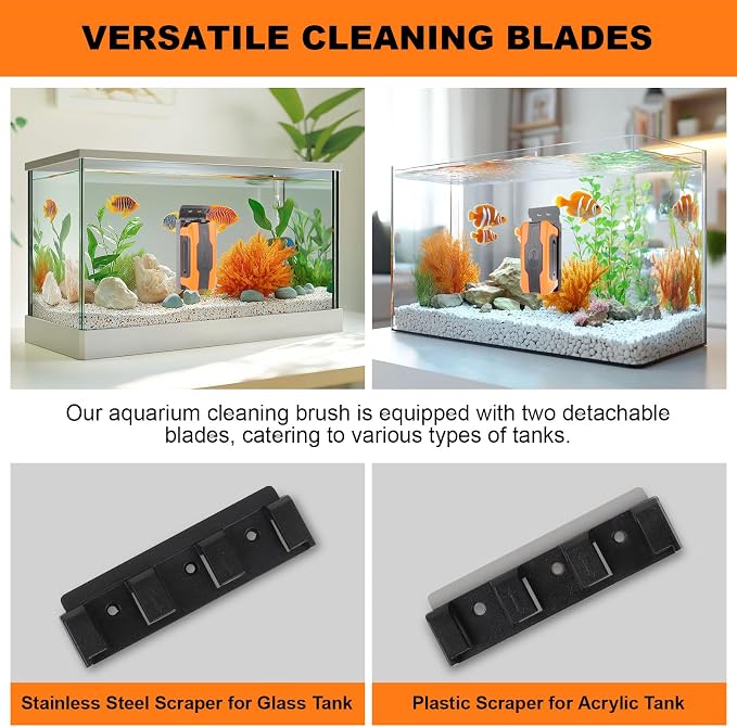 hygger Aquarium Magnetic Brush, Fish Tank Glass Algae Scrubber with Detachable Stainless Steel and Plastic Scraper, Magnetic Fish Tank Cleaner for Glass/Acrylic Fish Tank