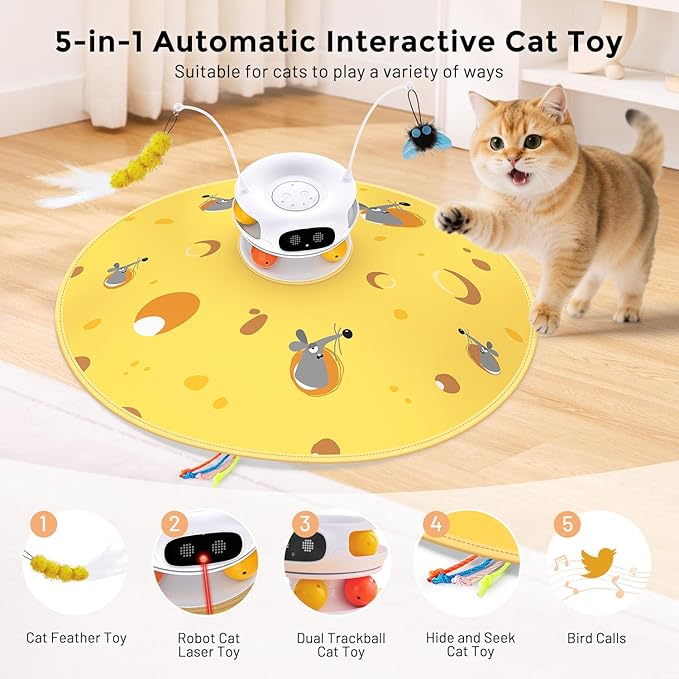 ZOMISIA Interactive Cat Toys for Indoor Cats, 5 in 1 Rechargeable Automatic Cat Toy with Laser, Motion Activated and Hide and Seek, Fluttering Feather & Dual Track Balls with Chirping for Bored Cats