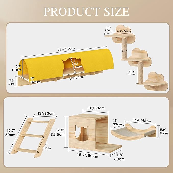 Cat Wall Shelves with Tunnel, 12-in-1 Solid Wood Wall Mounted Cat Furniture with Scratching Post, Cave & Steps, Multi-Level Cat Climbing Wall Systems, Space Saving, Floating Cat Shelves