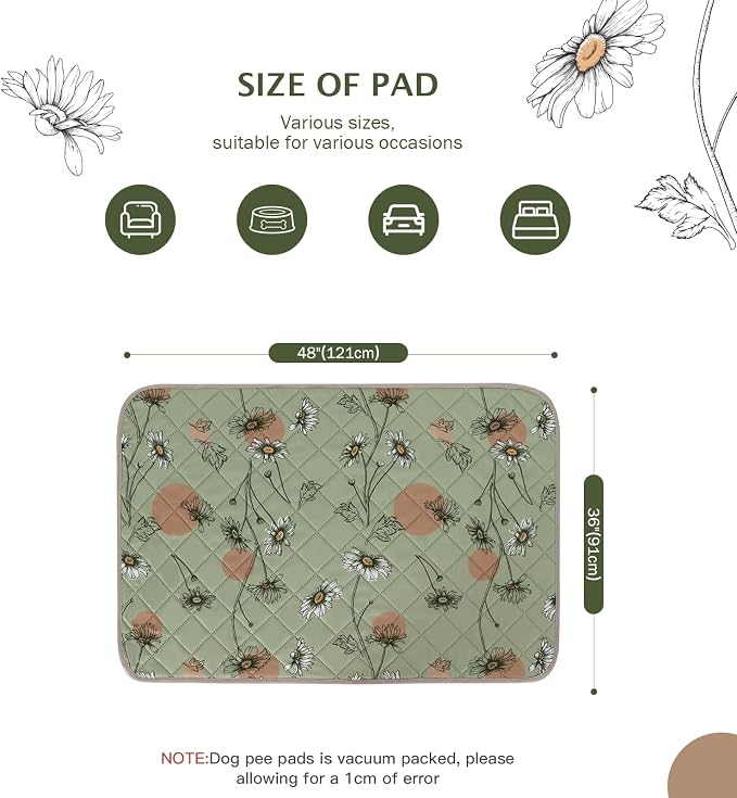 IEUUMLER Washable Pee Pads for Dogs, 2 Pack Non-Slip & Waterproof Pack Whelping Pad, Reusable Washable Puppy Potty Training Pad with Fast Absorbent for Playpen EU007 (Grass Green Daisy, 36"X48"-2pcs)
