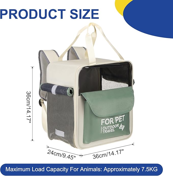 Pet Backpack Carrier, Portable and Ventilated, Oxford Cloth, Dogs Cats and Small Animals Travel Bag 12.6" Up to 16.5 Lbs, (Green), Intended for Hiking/Camping/Traveling