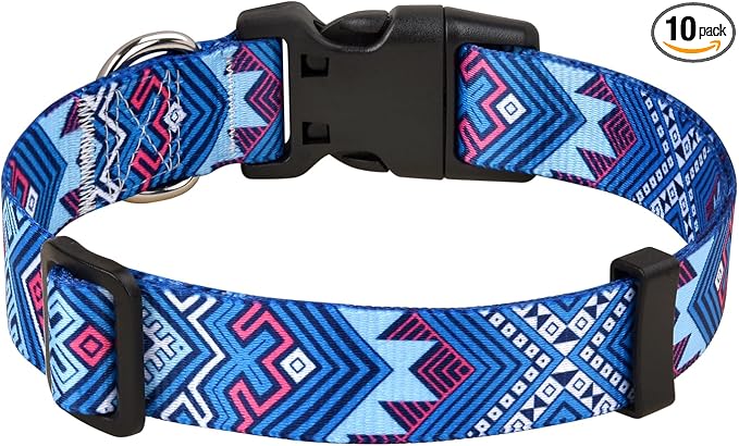 MarukoPet Dog Collar, Adjustable for Small Medium Large Dogs Puppy, Cute Design with Bohemia Floral Tribal Geometric Patterns Boys Girls Dog Collar(Blue Ethnic Style-L)