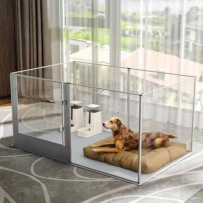 BingoPaw Clear Dog Playpen Fence: 64"x43" Extra Tall Transparent Pet Acrylic Playpen Expandable with Bottom and Door for Dogs Bunny