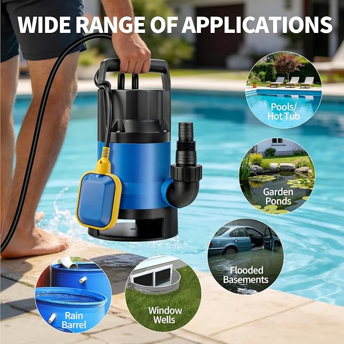 1.1HP Submersible Sump Pump, 4600 GPH Electric Water Pump with Automatic Float Switch, Portable Utility Pump for Pool Draining, Basement, Outdoor Ponds, 16 FT Cord