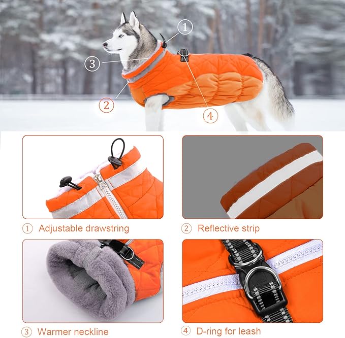 Lelepet Dog Coat Warm Dog Winter Coat Waterproof Dogs Jacket with Harness Built in Reflective Pet Fleece Vest Zip-Up Cold Weather Coats for Medium Dogs Turtleneck & Windproof Coats Blaze Orange M