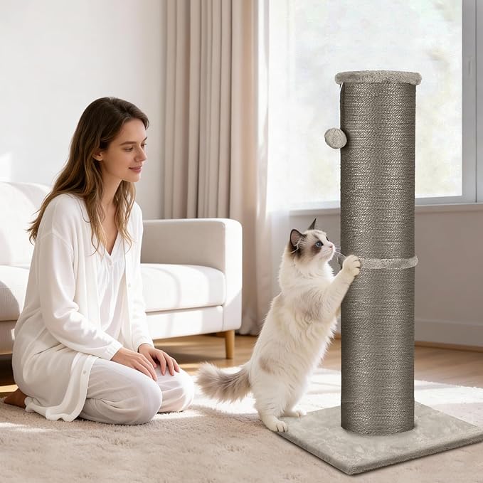 PAWSCRAT Cat Scratching Post 32 Inch High, 5.5 Inch Large Diameter Natural Sisal Cat Scratch Post, Scratch-Resistant and Durable Tall Cat Scratcher for Indoor Cats, Protect Your Furniture, Gery