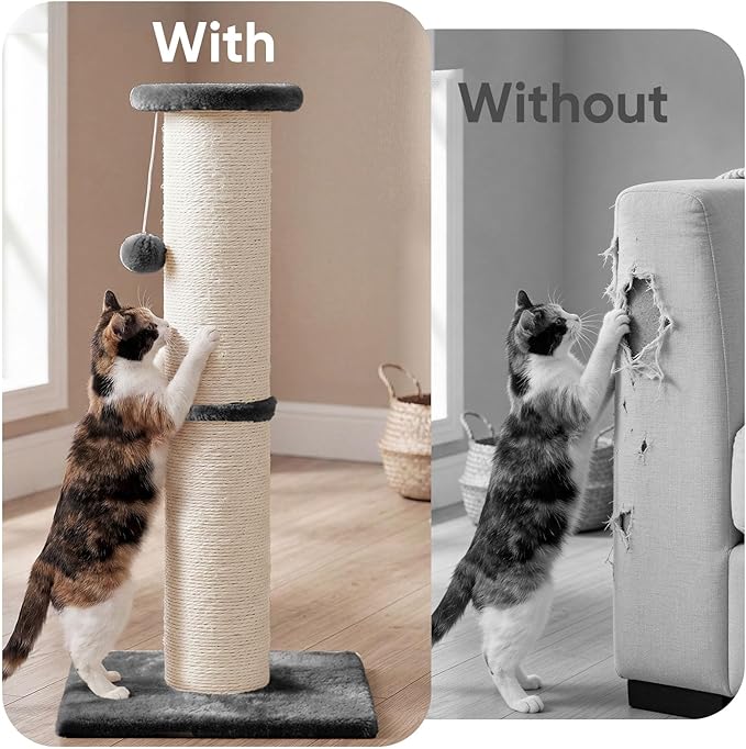 PAWSCRAT Cat Scratching Post 32" Tall, Large Diameter Natural Sisal Cat Scratch Post with Dangling Ball, Scratch-Resistant and Durable Tall Cat Scratcher for Indoor Cats, Protect Your Furniture, Grey