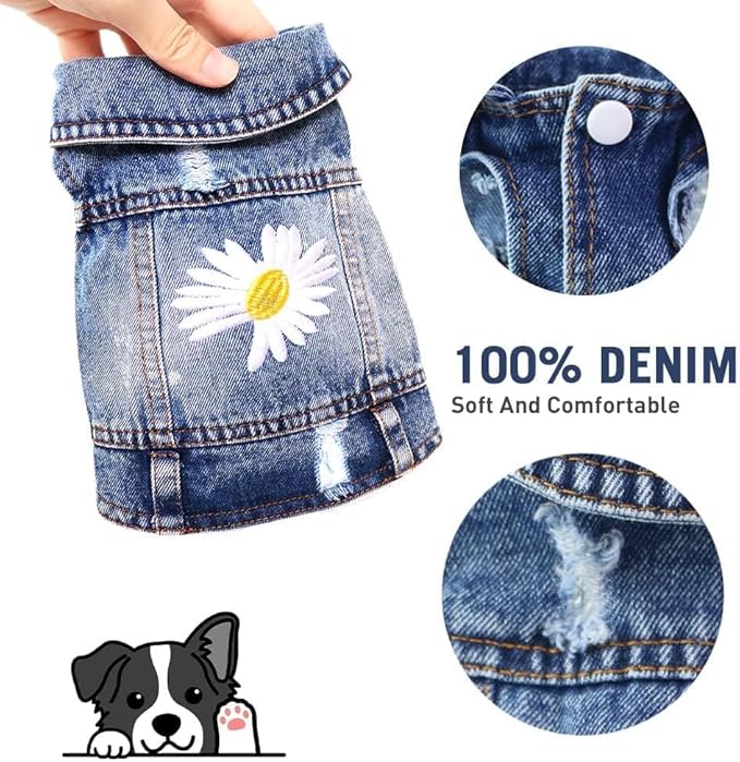 Pawstrip Dog Denim Jacket with Embroidered Daisy, Ripped Vintage Jean Vest for Small Dogs, Pugs, Chihuahuas, Spring Summer Fall Festival Outfit, XXL (Fits Chest 19-20.5", NOT for Large Dogs)