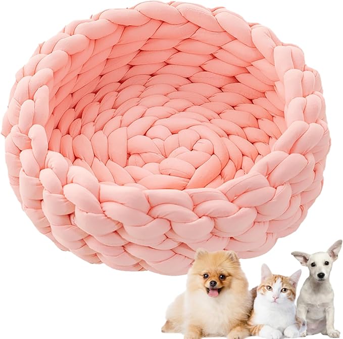 Woven Dog Bed Basket, Knitted Cotton Cat Bed Round Washable Woven Cat Pet Bed Chunky Dog Basket, Orthopedic, Chunky Knit Dog Nest,Dog Bed,Dog Cave,Dog Bedding(Pink,19")