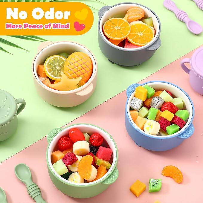 Domensi 4 Sets Kids Porcelain Bowls with Suction Sleeves Toddler Suction Bowl Upgrade Durable Microwave Dishwasher Safe Cereal Soup Snack Dishes for Baby Children Feeding Supplies (Morandi Colors)