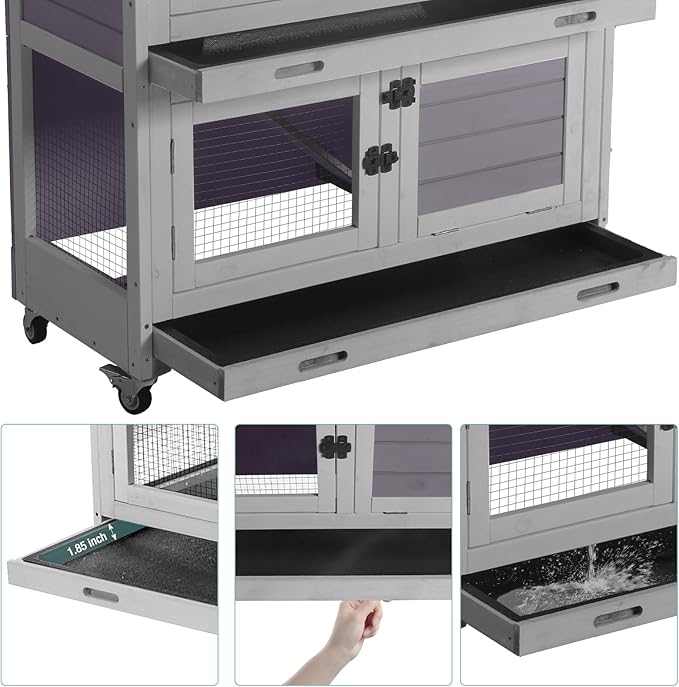 Suumerpety 2-Tier Wooden Rabbit Hutch Indoor Bunny House Guinea Pig Cage with Sliding Plastic Trays Wheels for Easy Cleaning Ventilation Design and Mobility, 36 Inch Small Animal Home (Grey, M)