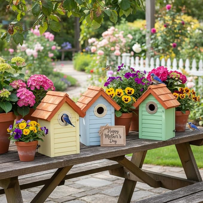 3pk Bluebird Bird Houses for Outside Clearance - Bird House for Wall Mounting - Tree Swallow Nest Box with Stainless Steel Predator Guard - Cedar Shingles Roof UV Painting - 10 Years Outdoor