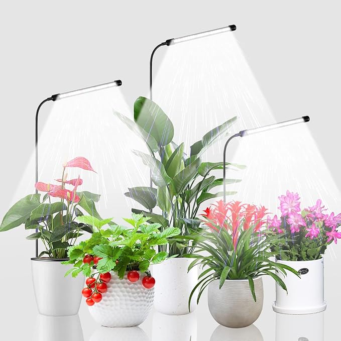 Grow Light for Indoor Plants Growing, 6000K Full Spectrum Gooseneck Plant Lamp for Seedings Succulents Small Plants, Auto On/Off Timing & 5 Dimming, 3-Pack