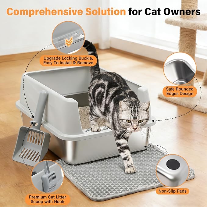 Stainless Steel Cat Litter Box with Lid, Metal Litter Box for Small Cats, Low Entry Kitten Litter Boxes with Scoop and Mat, Non-Sticky, Anti-Urine Leakage, Easy Cleaning, M