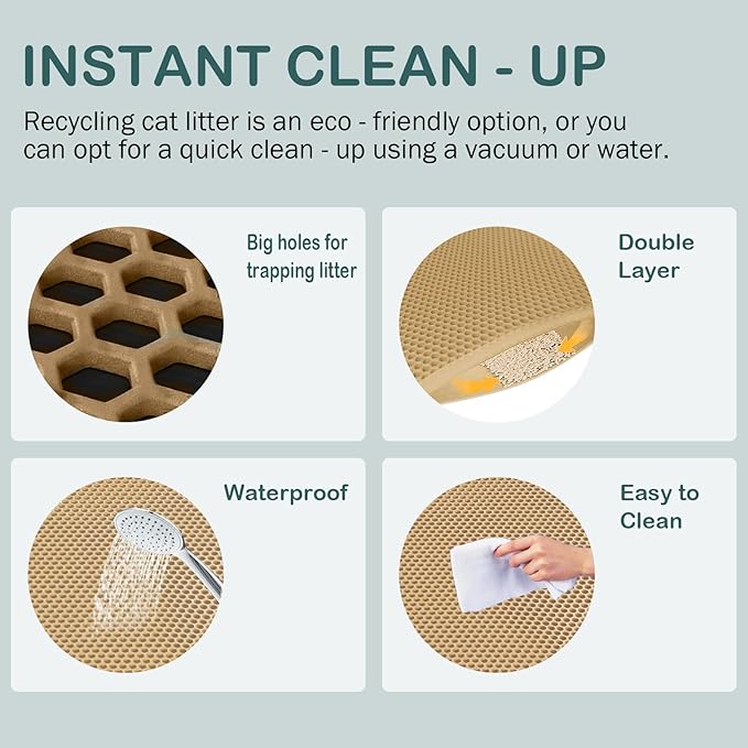 47.2''x27.6''Inch, Cat Litter Trapping Mat, Double Layer Waterproof Proof Litter Box mat, Non-Slip Design, Reduces Litter Scatter, Easy to Clean, Beige Cat Litter Mat