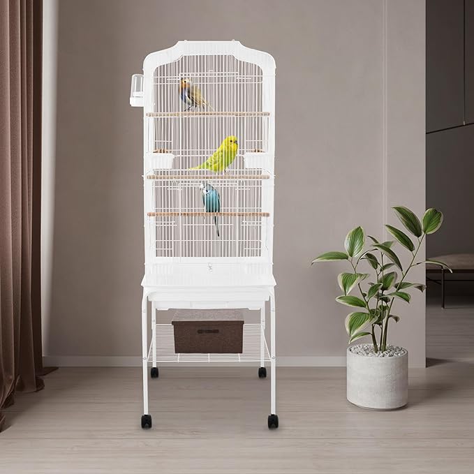 54in Metal Bird Cage Large Parakeet Cages for Parrot, Cockatiel, Lovebird, Pigeon Pagoda Bird House with Rolling Stand,Feeding Bowls & Waterer (White-54in)