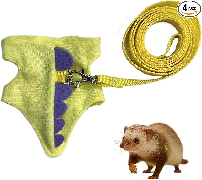 Harness and Leash Set for Small Pets, Dinosaur Shaped Vest Harness, Adjustable Soft Plush Vest with Bell for Guinea Pigs, Ferrets, Hamsters, Hedgehogs - Safe Outdoor Walking Adventure Gear,Yellow