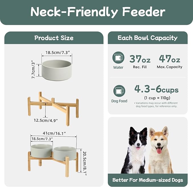 Havniva Ceramic Raised Double Bowls Set with Stand, Food & Water Bowls for Medium Breed Dogs, Weighted Dog Dishes, Pet Bowl(7.3'',41OZ, Grey)