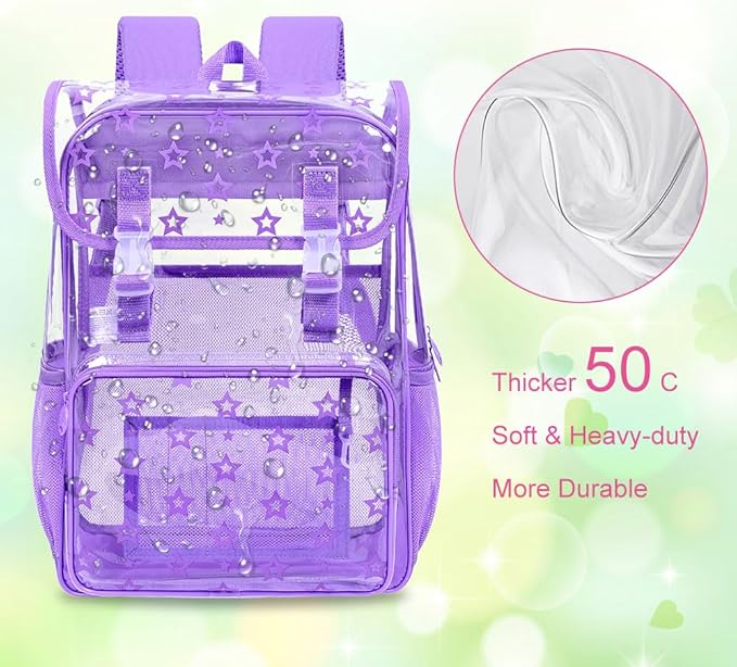 17" Clear Backpack for Girls - 3Pcs Flip Design Stadium Approved Set, Campus/Travel Transparent Bookbag (Purple)