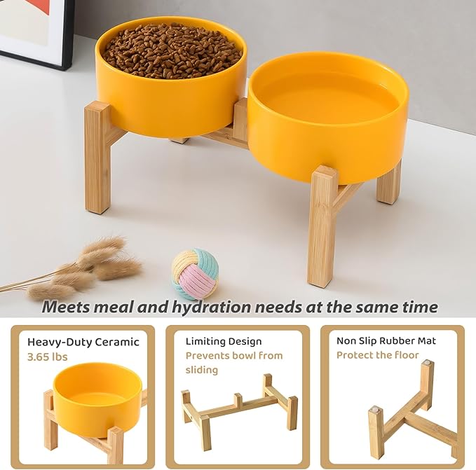 Raised Ceramic Dog Bowl Set - Elevated Dog Bowls with Non Slip Bamboo Stand, Food and Water Bowl Set for Small and Medium Breed Dogs, Pet Bowls, Weighted Dogs Dishes (6'', 2 * 30OZ, Yellow)