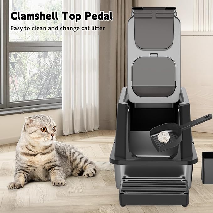 RIZZARI Enclosed Cat Litter Box: All Black Stainless Steel - Odor-Resistant & High-Sided - Teflon Non-Stick Coating for Quick Cleaning - Large Top-Exit Pan for Modern Homes Balcony