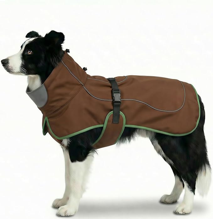 Softshell Dog Winter Vest, Fleece Lined Water-Repellent Jacket with Fur-Safe Buckle (No Hook & Loop) for Hiking, Adjustable Reflective Winter Coat for Active Dogs (Brown, X-Large)