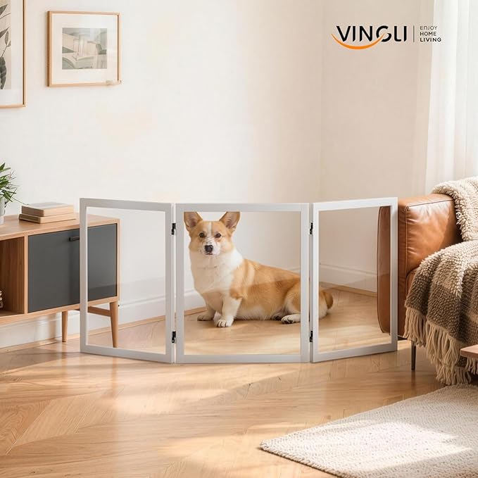 VINGLI Clear Acrylic Freestanding Dog Gate, Transparent Pet Fence with Solid Hardwood and Plastic Board, Pet Gates for Christmas Tree Stairs and Doorways (3 Panels)
