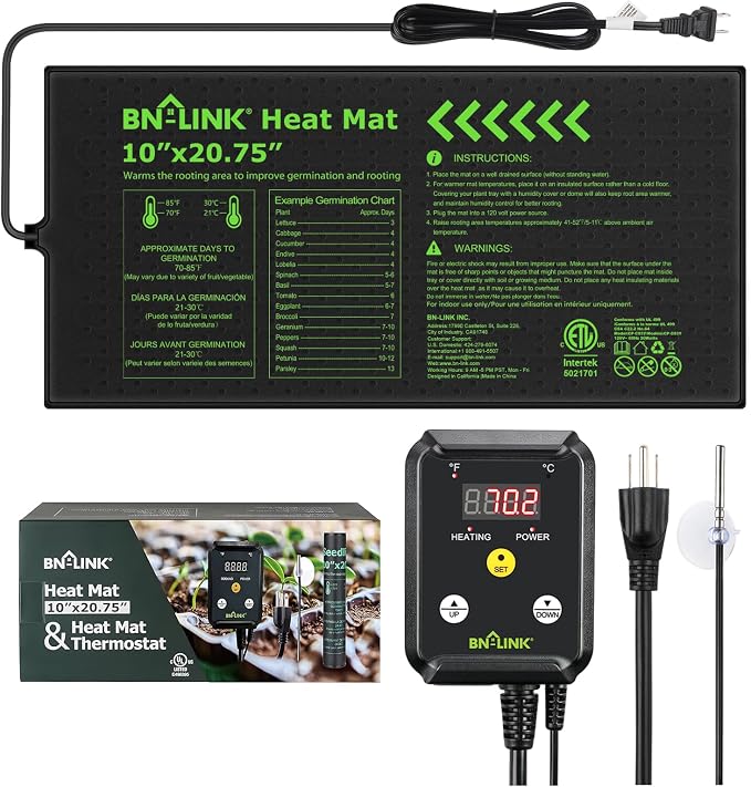 BN-LINK 10" x 20.75" Seedling Heat Mat with Thermostat Controller Combo Set | Plant Heating Pad for Seed Starting with Temperature Control, Warming Mat for Indoor Growing, Plants Germination, ETL Listed