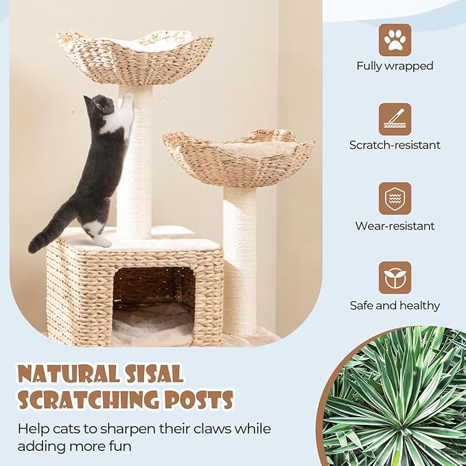 PETSITE 48 inch Cattail Cat Tree, Multi-Level Cat Tower with Sisal Scratching Posts, Cat Condo, Basket Beds, Climbing Ladder, and Soft Washable Cushions, Modern Cat Tree for Indoor Cats