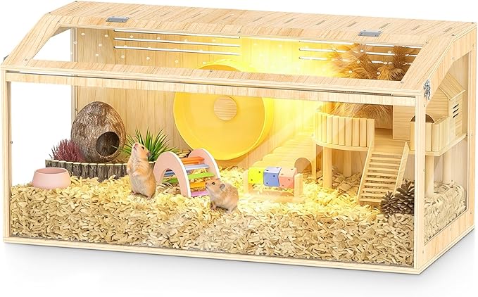 XiaZ Large Hamster Cage,40 Inch Wooden Hamster Cage with Panoramic View and Ventilated Top, Spacious Acrylic Glass Habitat for Syrian Dwarf Hamsters and Degus, Natural Wood Frame Enclosure