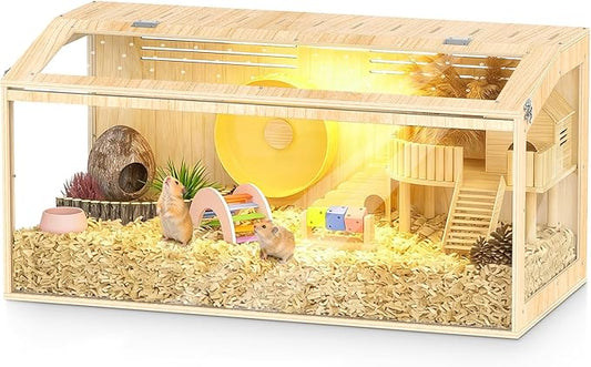 XiaZ Large Hamster Cage,40 Inch Wooden Hamster Cage with Panoramic View and Ventilated Top, Spacious Acrylic Glass Habitat for Syrian Dwarf Hamsters and Degus, Natural Wood Frame Enclosure
