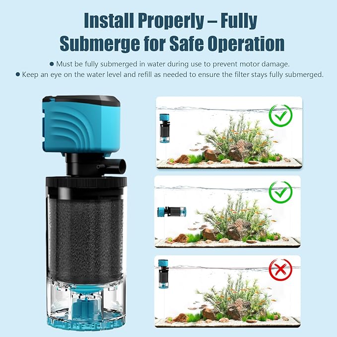 Submersible Aquarium Filter, Upgraded 15-50 Gallon Fish Tank Filter with Fish Guard, 220GPH Internal Whisper Pump, Fresh/Saltwater, Debris Tray, Check Valve, 8-Inch