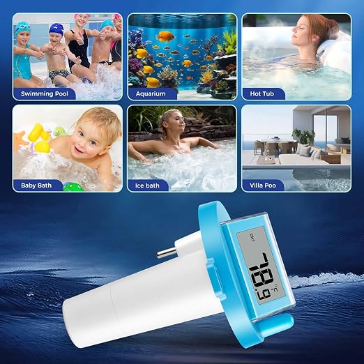 Solar Wireless Floating Pool Thermometer - Upgraded IPX8 Waterproof Easy Read Digital Thermometer with Time, Indoor Temperature & Humidity Monitor for Swimming Pools, Spas, Hot Tubs (Blue 2-piece set)