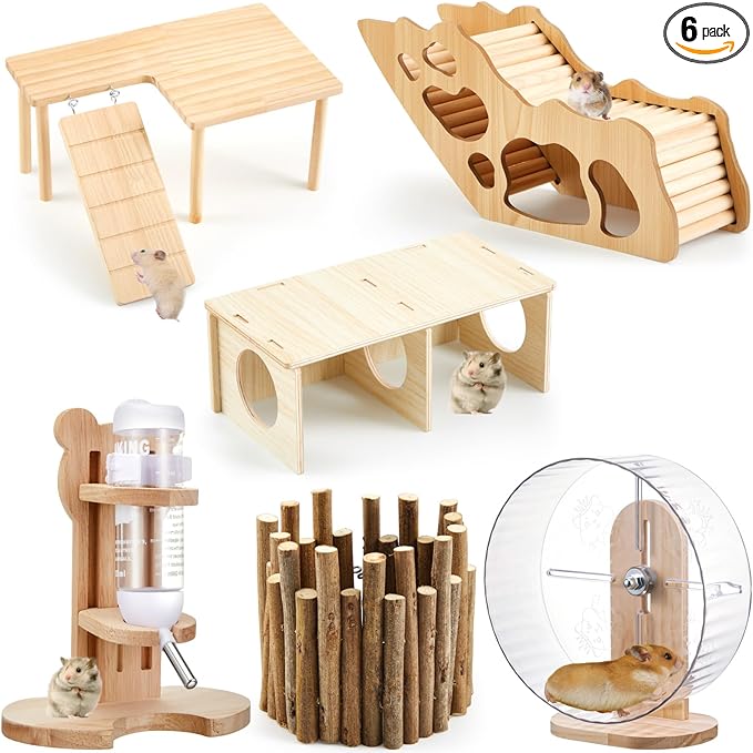 6 Pcs Hamster Toys Set, Maze Wood House, Climbing Ladder Wooden Bridge Tunnel Toy Platform Silent Exercise Running Wheels and Water Bottle Set for Rat Guinea Pig Habitat Cage(Basic)