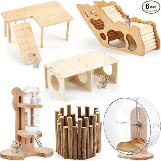 6 Pcs Hamster Toys Set, Maze Wood House, Climbing Ladder Wooden Bridge Tunnel Toy Platform Silent Exercise Running Wheels and Water Bottle Set for Rat Guinea Pig Habitat Cage(Basic)