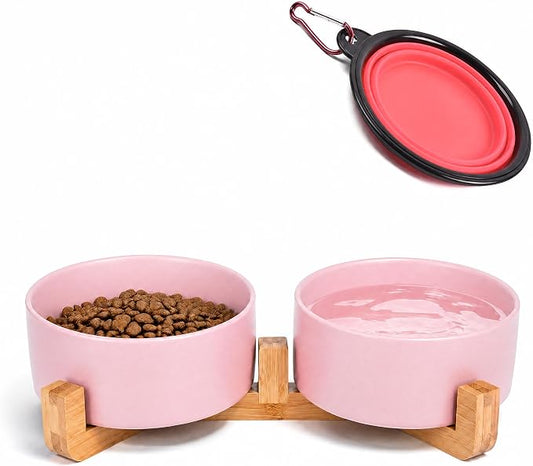 Petygooing Ceramic Cat Dog Bowl Set with Stand,Pink Pet Food and Water Dish,Small Dog Bowls Anti Slip Set of 2 Cat Bowls Pet Food Dishes Pet Bowl Small Size Pet (13.5OZ/5.1 in)