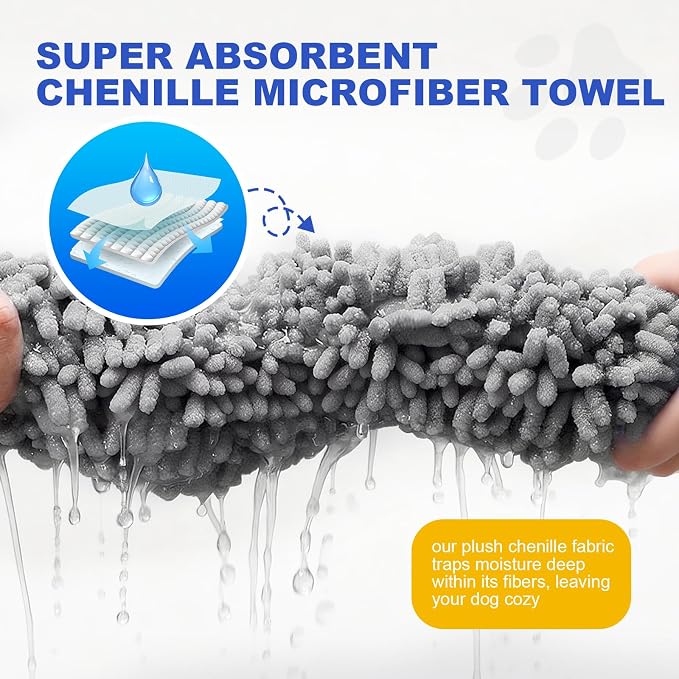 WOUSEDO Microfiber Chenille Dog Towel 1 Pack, Super Absorbent & Quick Dry | Pet Bath Shammy Towel, 13.8 x 31.5 Inches, Wash Grooming Towels for Small to Large Pets, Grey