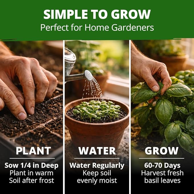 HOME GROWN Non GMO Italian Basil Seeds Bulk Pack 1,424 Sweet Large Leaf Basil Seeds for Planting and Heirloom Herb Seeds for Planting Indoors or Outdoors (Ocimum basilicum)