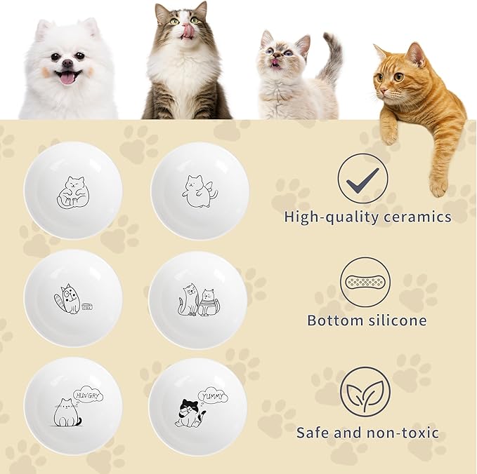 6 PCS Cat Bowls,Cat Food Bowl,Anti Whisker Fatigue Ceramic Cats Dishes for Indoor Cats,Shallow Wide Kitten Plates for Wet & Dry Food and Water,Non-Slip Silicone Base (Cute Drawing cat)