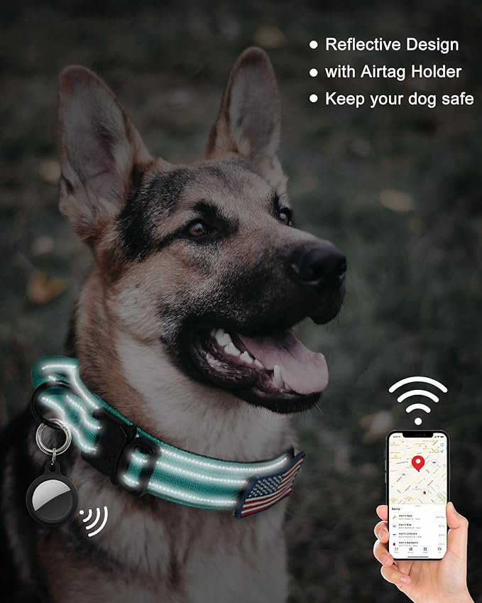 AUBELL Reflective Tactical Dog Collar,Adjustable Military Heavy Duty K9 Collars with Handle and Quick Release Metal Buckle Great for Extra Large Dogs, with Airtag Case and 2 Patches (Teal,XL)