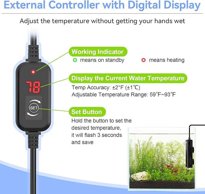 hygger Nano Submersible Aquarium Heater for 3-8 Gallon Fish Tank Betta Heater with Digital Display, Adjustable Temperature Controller 30Watt