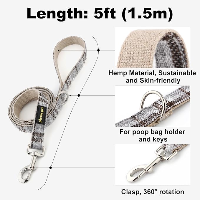 Plutus Pet Cotton Hemp Dog Collar and Leash Set, Adjustable Collar for Small, Medium, and Large Dogs, Heavy Duty and Soft on Skin, Gray Plaid, S