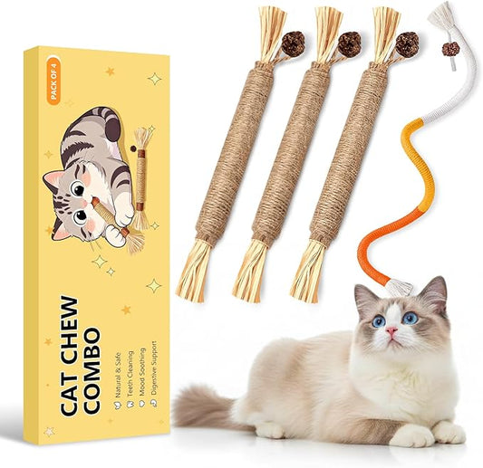 Cat Toys for Indoor Cats, 3 Pcs Silvervine Sticks & 1 Pc Cat Chew Rope for Teeth Cleaning, Interactive Dental Sticks with Catnip for Cat Enrichment, Kitten Chew Toys Teething for All Breeds Orange
