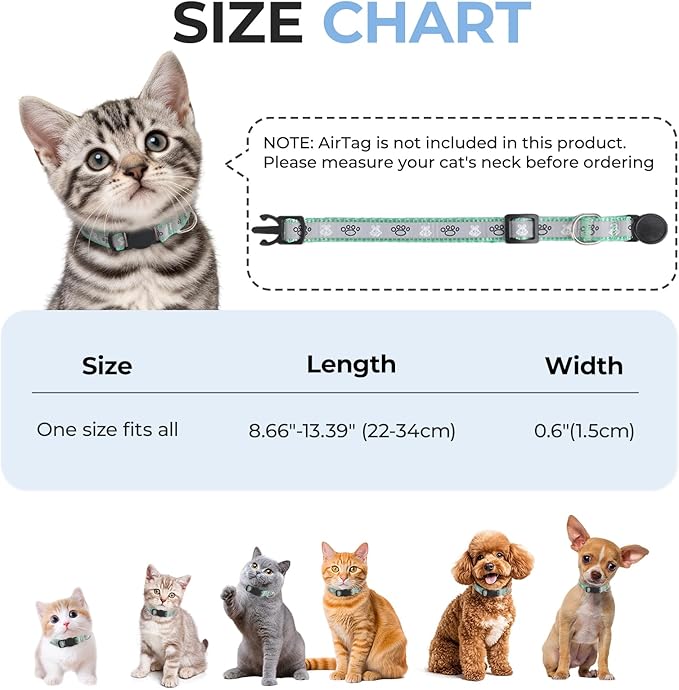 Cat Collar Breakaway, Reflective Kitten Collar with Bell, Safety Buckle Kitten Collar, Lightweight, Adjustable, Comfortable, Suitable for Boy Girl Cats (7"-13") Green