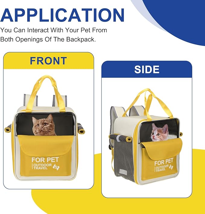 Pet Backpack Carrier, Portable and Ventilated, Oxford Cloth, Dogs Cats and Small Animal Travel Bag 13.39" Up to 16.5 Lbs, (Yellow), Intended for Hiking/Camping/Traveling