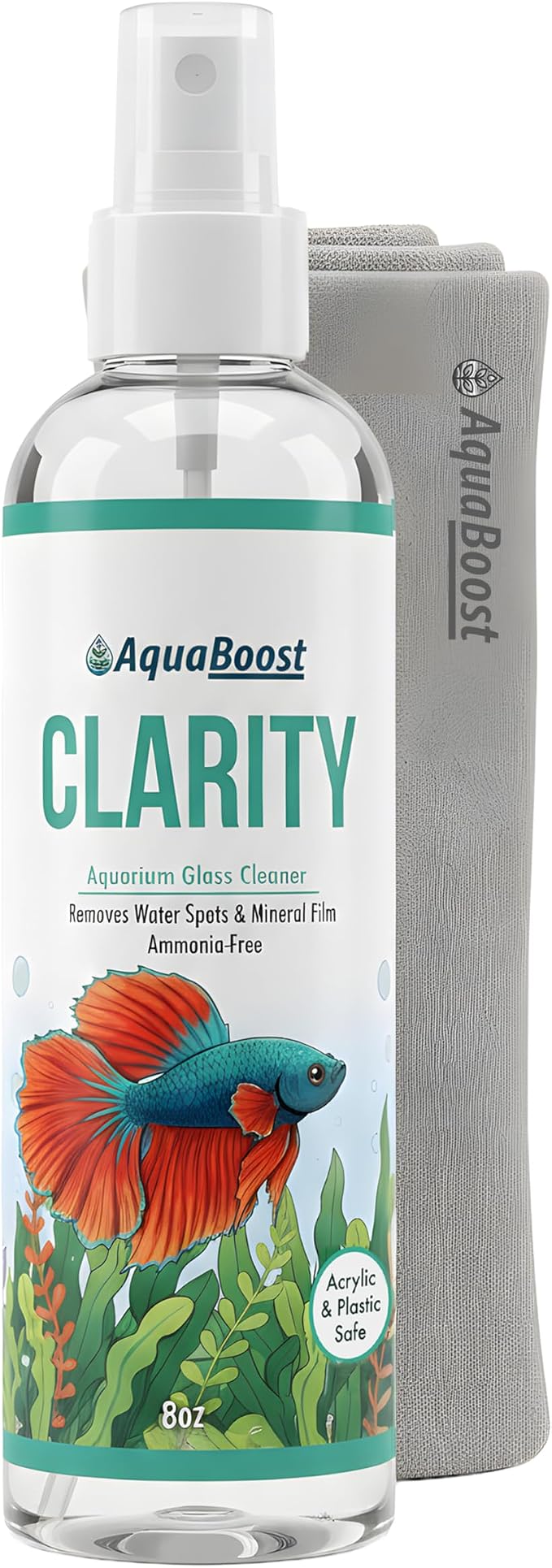Aquarium Glass Cleaner & Water Spot Remover, 8 oz Kit | Streak-free, ammonia-free spray removes mineral deposits from aquarium glass, acrylic and plastic; includes microfiber cloth